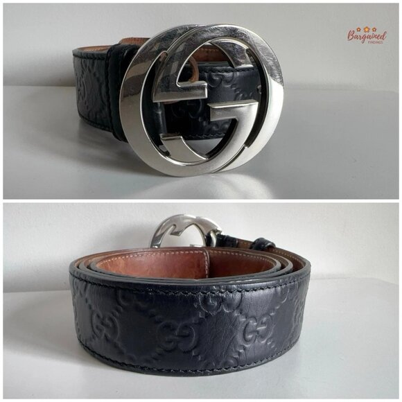 Authentic Gucci Black Guccissima Leather Silver Interlocking G Buckle Belt 95/38 - Picture 4 of 13